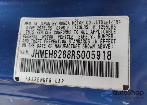 1994 Honda Civic Del Sol Si z USA, uszkodzony, nr VIN JHMEH6268RS005918